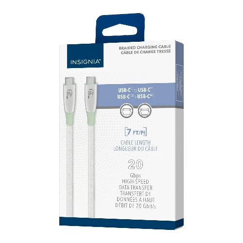 INSIGNIA Câble tressé USB-C de 2,1 m, charge et synchronisation, haut débit 20 Gbit/s pour ordinateur portable, MacBook, PC, tablette, smartphone, iPhone, vert clair