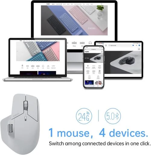 Rapoo MT760 Souris Bluetooth sans fil – Bluetooth 5.0/2,4 GHz Connexion multi-mode Souris d'ordinateur multi-appareils, technologie informatique M+ Cross, 11 boutons programmables