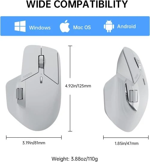 Rapoo MT760 Souris Bluetooth sans fil – Bluetooth 5.0/2,4 GHz Connexion multi-mode Souris d'ordinateur multi-appareils, technologie informatique M+ Cross, 11 boutons programmables
