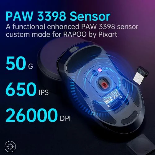 Rapoo VT9Pro Souris de jeu sans fil – Souris de jeu à capteur PAW 3398, 26 000 DPI, performance de qualité e-sport, temps de réponse de 1 ms, légère 68 g, 10 boutons programmables, longue durée de vie