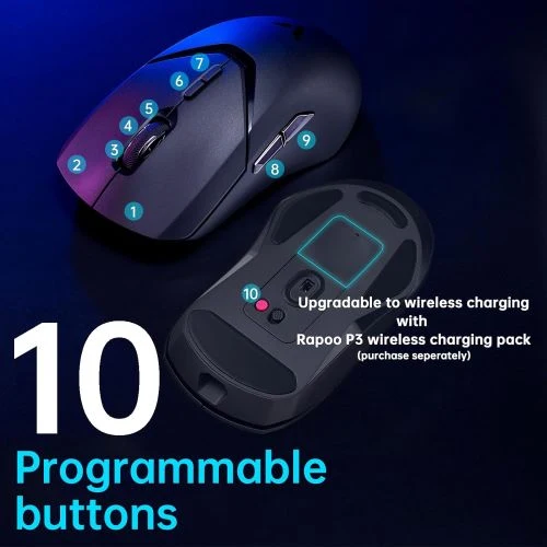 Rapoo VT9Pro Souris de jeu sans fil – Souris de jeu à capteur PAW 3398, 26 000 DPI, performance de qualité e-sport, temps de réponse de 1 ms, légère 68 g, 10 boutons programmables, longue durée de vie