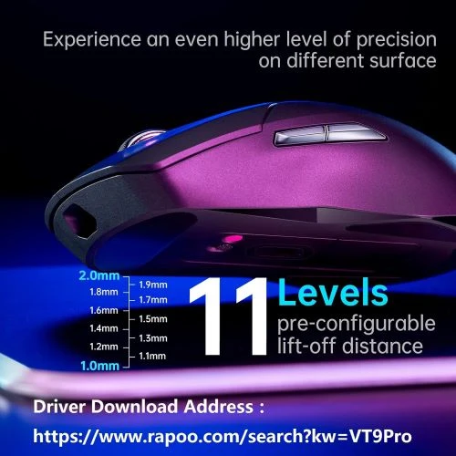 Rapoo VT9Pro Souris de jeu sans fil – Souris de jeu à capteur PAW 3398, 26 000 DPI, performance de qualité e-sport, temps de réponse de 1 ms, légère 68 g, 10 boutons programmables, longue durée de vie