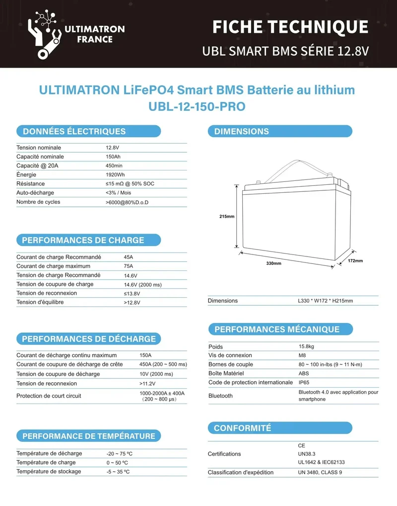 Batterie connectée Lithium LiFePO4 12V 150Ah, série UBL PRO