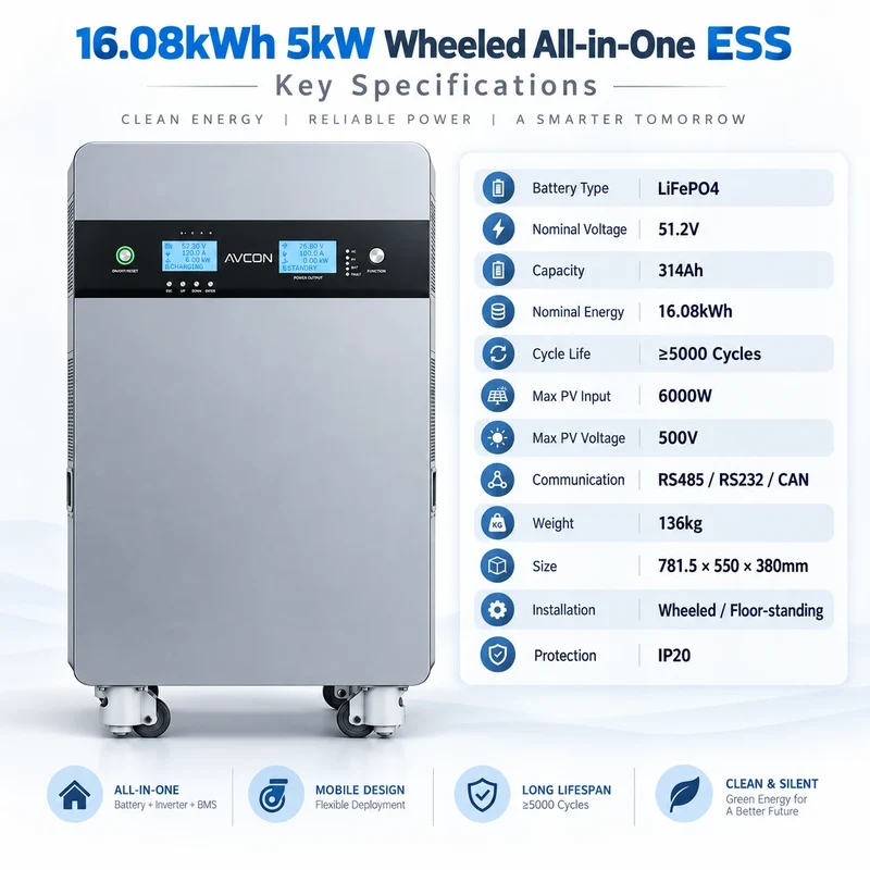 Système de stockage d'énergie tout-en-un sur roues de 16.08 kWh et 5 kW, fonctionnant hors réseau