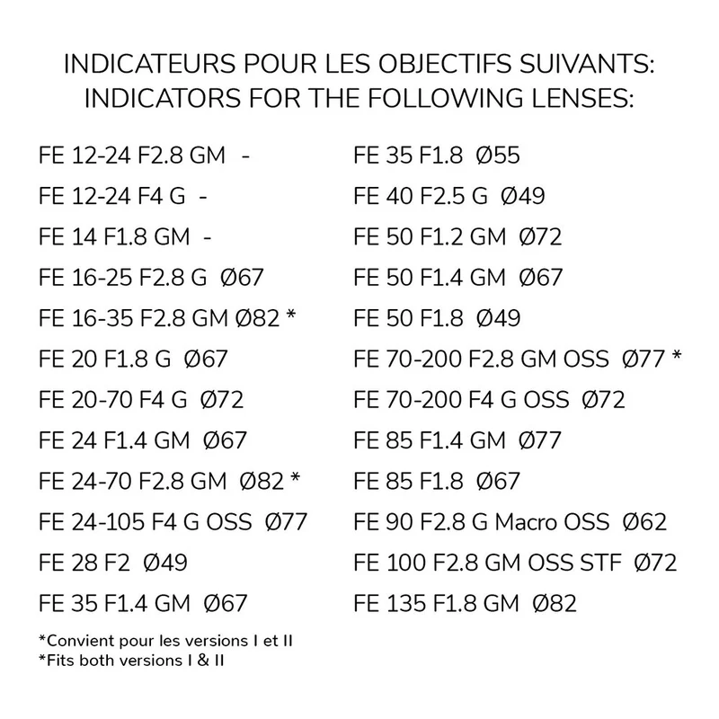 Indicateurs d'objectifs avant/arrière Sony FE