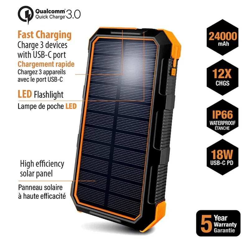 Chargeur Portable avec Panneau Solaire 24000 mAh