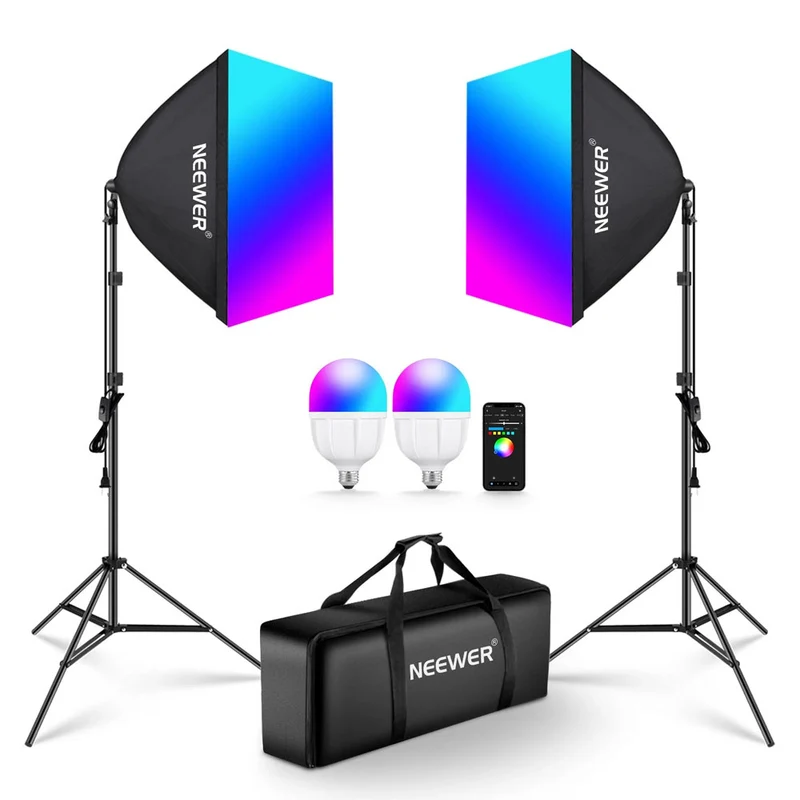Ensemble de 2 Lumières RGB avec Boites de diffusion et Supports