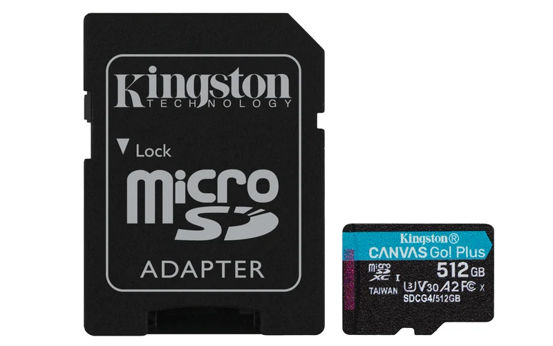 Kingston Technology Carte microSDXC Canvas Go Plus Gen4 512 Go, 200 Mo/s, A2, U3, V30 avec Adaptateur