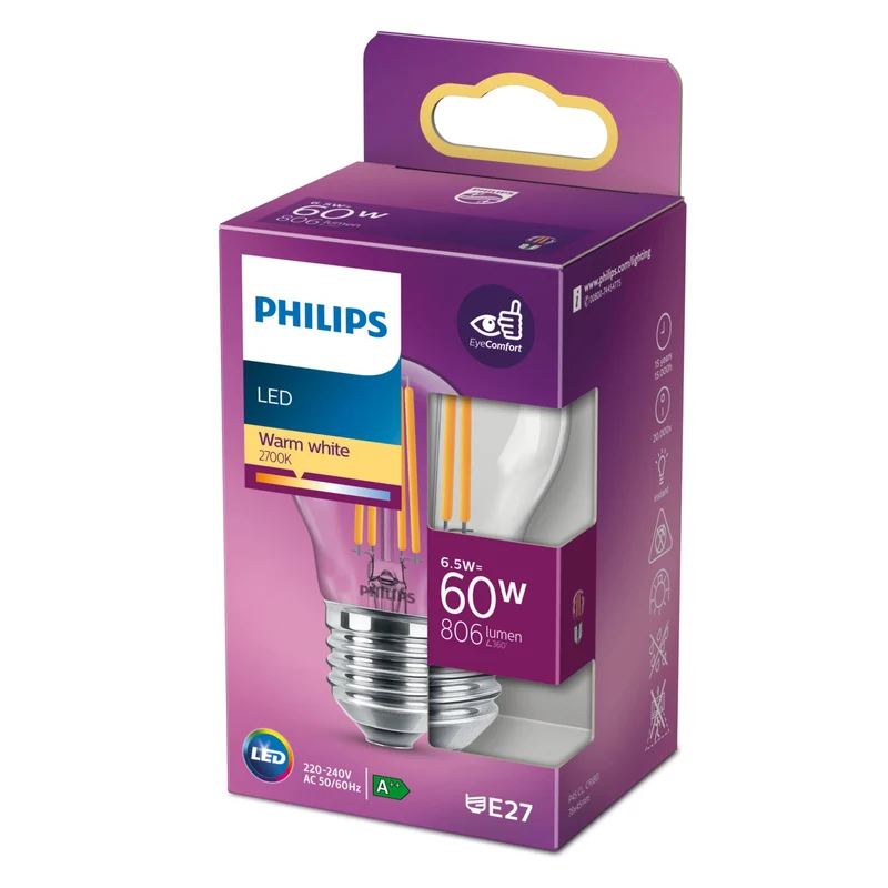 Philips Ampoule flamme transparente à filament 60W P45 E27