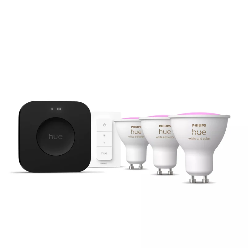 Philips Hue White and Color Ambiance Kit de Démarrage, 3 Ampoules GU10, Dimmer Switch et Hue Bridge Pro