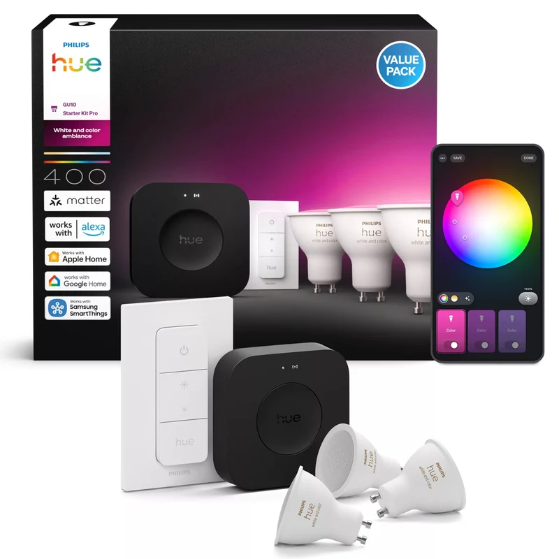 Philips Hue White and Color Ambiance Kit de Démarrage, 3 Ampoules GU10, Dimmer Switch et Hue Bridge Pro