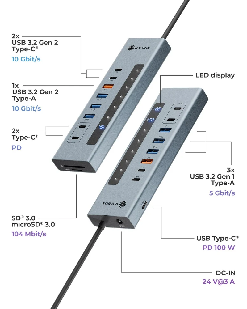 ICY BOX IB-HUB1742CR-C2PD Hub USB 3.2 Gen 2 Type-A et Type-C, 10000 Mbit/s, Noir