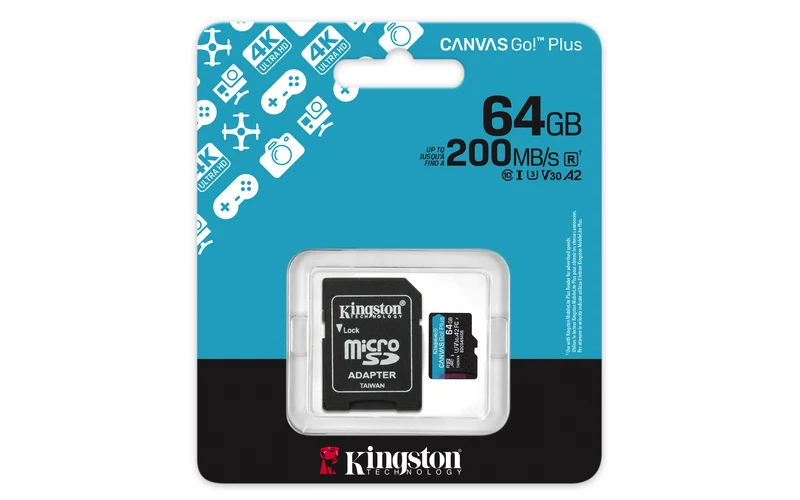 Kingston Technology Carte microSDXC Canvas Go Plus Gen4 64 Go, 200 Mo/s, A2 U3 V30 avec Adaptateur