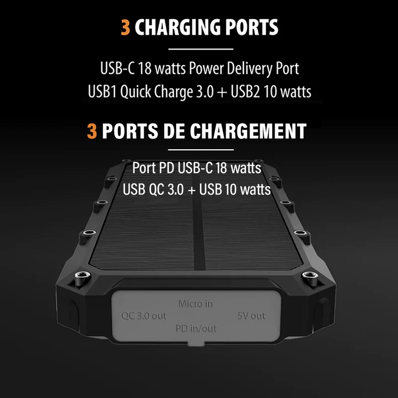 Chargeur Portable/Sans-fil avec Panneau Solaire 16000 mAh